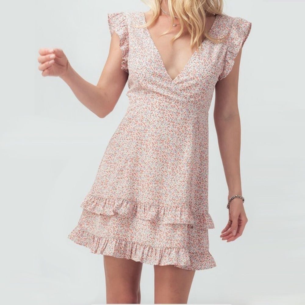 NWT Floral Ruffle Flutter Sleeve Mini Dress with Deep V Neckline - Picture 6 of 8